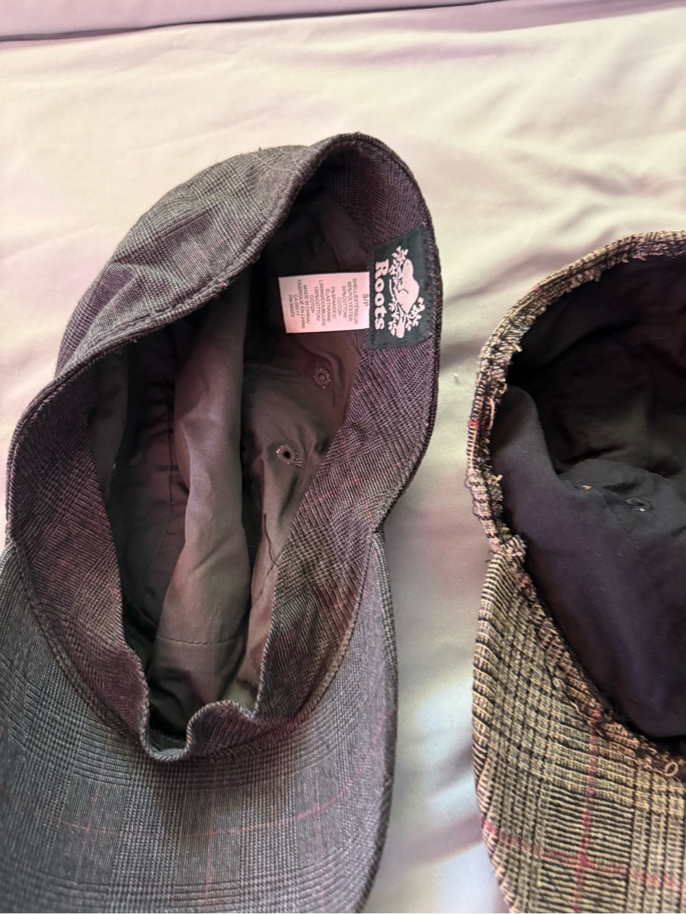 Roots Gray Plaid Womens Cap and Roots Brown Plaid Cap.One has inside rim cut out - Picture 7 of 8